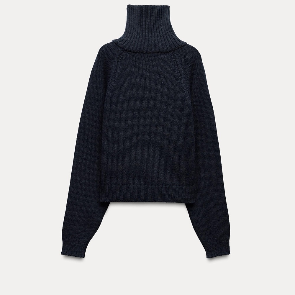 ZARA Ribbed Asymmetrical Turtleneck Sweater Navy Wool Blend Size S Minimal Knit - Picture 15 of 16